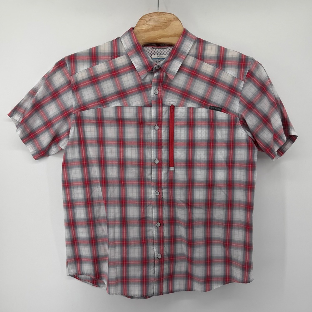 Columbia Shirt Mens XL Red Plaid Slim‎ Fit Short Sleeve Button Up Hiking Outdoor